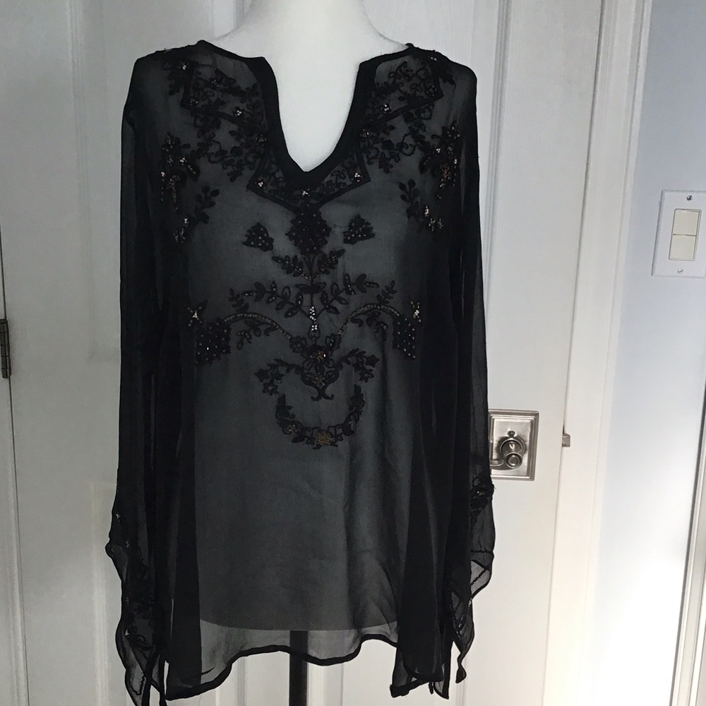 Anne Carson Black Sheer Embroidered Blouse